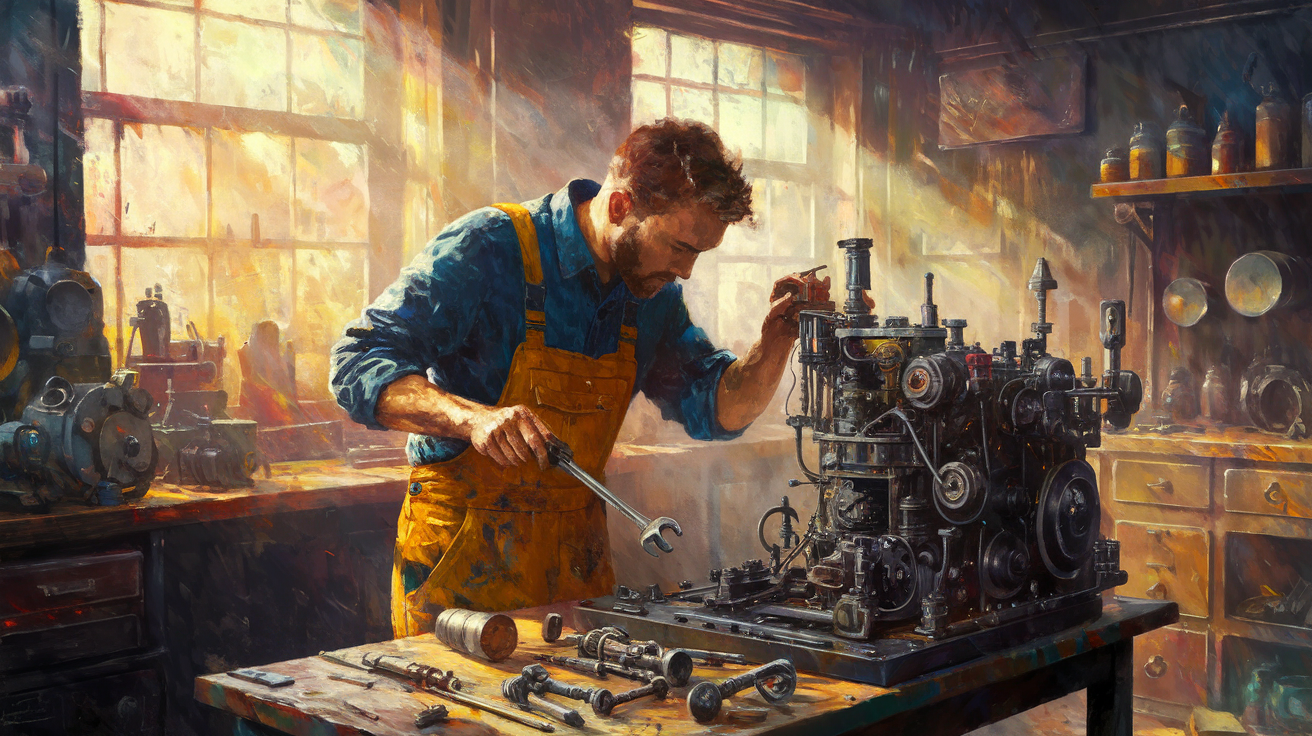 En una pintura impresionista, un mecánico dedicado se encuentra en medio de un taller cálido y acogedor lleno de maquinaria de metal reluciente y piezas de trabajo dispersas. Sostiene una llave inglesa en una mano, su mono está manchado con vetas de grasa, lo que resalta sus esfuerzos industriosos. La luz del sol se filtra a través de las ventanas, proyectando suaves tonos dorados sobre la escena, imbuyendo el espacio de un ambiente acogedor. El fondo muestra una variedad de herramientas y piezas, lo que agrega profundidad y carácter a esta representación cautivadora del trabajo y la artesanía.