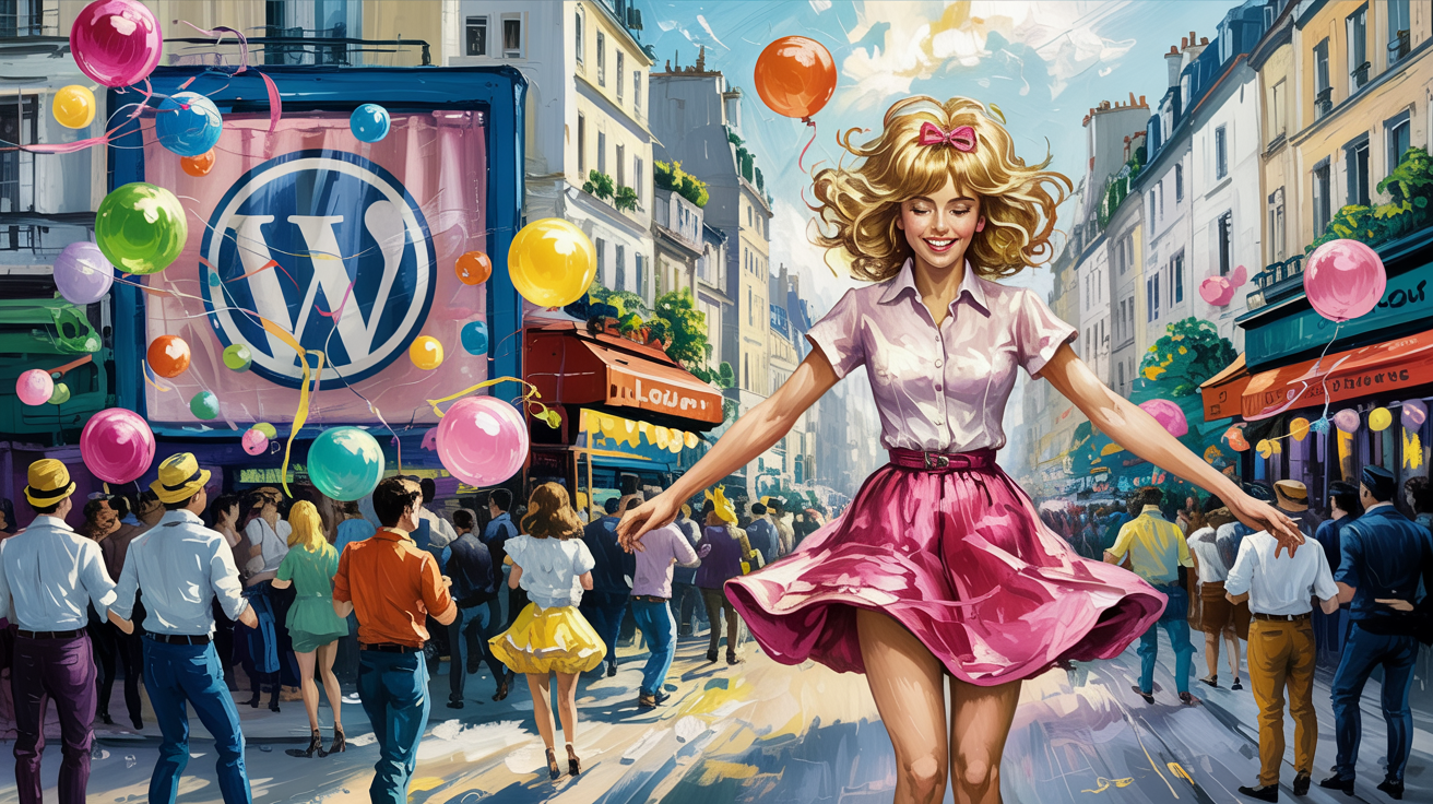 Una pintura impresionista que representa una vibrante escena callejera parisina de los años 60, celebrando el estilo "à gogo". Una joven con voluminosa cabellera rubia y minifalda, que encarna la exuberancia juvenil de la época, baila alegremente entre un torbellino de globos de colores y telas ondulantes. Al fondo, un logotipo retro de WordPress se incorpora sutilmente a una valla publicitaria vintage, integrándose a la perfección con el caos lúdico. Una luz suave y difusa se filtra por la escena, evocando una sensación de alegría despreocupada y posibilidades ilimitadas.