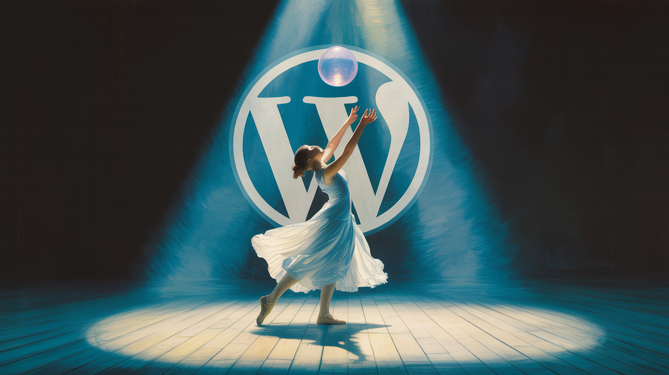 Una pintura impresionista representa un foco solitario que ilumina a una joven bailarina sobre un escenario de madera desnuda. Balancea con gracia una esfera luminosa y translúcida sobre sus manos extendidas, luciendo un fluido vestido blanco que parece ondularse con las luces del escenario. Detrás de la bailarina, una tenue proyección del logotipo de "WordPress" en suaves tonos azules y blancos se integra sutilmente con el fondo del escenario y crea un aura de innovación creativa. Toda la escena está bañada por una relajante luz azulada, que realza la atmósfera de serenidad y confianza.
