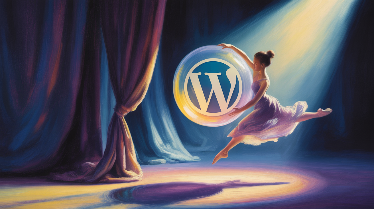 Una pintura de estilo impresionista representa un escenario tenuemente iluminado con un único foco que ilumina a una joven bailarina, cuya silueta se recorta contra la suave luz. La bailarina se encuentra en una elegante posición a medio salto, sosteniendo una esfera translúcida que emite una luz cálida y etérea y que muestra sutilmente el logotipo de "WordPress" en su centro. Tras ella, un fondo difuminado de índigo intenso y azul pálido baña el escenario, mientras una elegante cortina de terciopelo cuelga parcialmente corrida. La escena en su conjunto irradia una sensación de creatividad serena e innovación fiable, bañada por una luz suave y difusa.