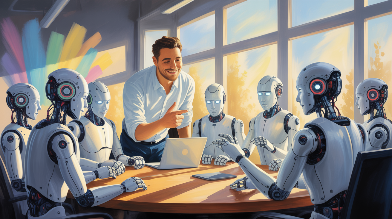 Una pintura de estilo impresionista que representa un espacio de oficina moderno con una cálida iluminación, muestra a un líder humano sonriente supervisando un equipo de robots humanoides pulidos. El humano, vestido con una impecable camisa blanca, hace gestos de aliento hacia los robots, demostrando una sensación de autoridad serena y una conexión genuina. Su posición es ligeramente descentrada para generar espacio visual. Los robots, cada uno con un diseño único, con expresivos ojos LED y sutiles texturas metálicas, participan en diversas tareas en colaboración alrededor de una gran mesa circular. La luz del sol, que se filtra a través de los amplios ventanales, ilumina la habitación, resaltando suavemente las motas de polvo y creando una sensación de productividad optimista. El fondo presenta formas abstractas difuminadas en colores pastel, que evocan la sensación de movimiento e innovación, y la escena en general irradia una armoniosa combinación de empatía humana y eficiencia robótica.