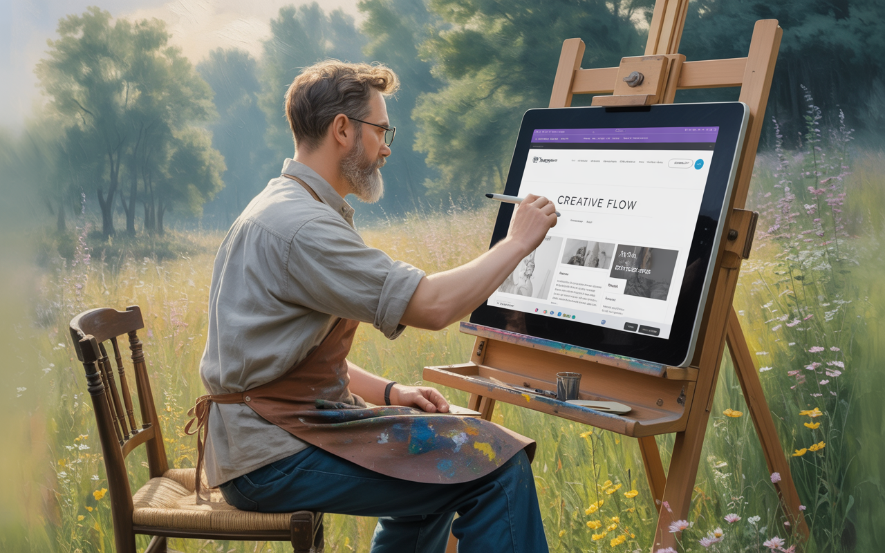 Una pintura impresionista representa a un hombre con una barba gris pulcra y gafas, trabajando intensamente en una plantilla de sitio web de WordPress, expuesta en una gran tableta digital sobre su caballete. Lleva una camisa de lino salpicada de pintura y un delantal de cuero desgastado, con la mano apoyada sobre la pantalla, sosteniendo un lápiz óptico. La escena se desarrolla en una pradera soleada, llena de flores silvestres y hierbas altas, bañada por una luz suave y difusa, mientras las palabras "Flujo Creativo" están sutilmente pintadas en la pata del caballete. Una silla antigua de madera, ligeramente a un lado, insinúa un espacio de trabajo tranquilo y concentrado.