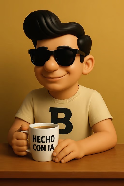 Blogpocky con una taza de café en la mano, en la que pone "Hecho con IA", según ChatGPT.