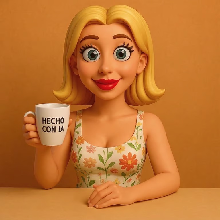 Tweetie con una taza de café en la mano, en la que pone "Hecho con IA", según ChatGPT.