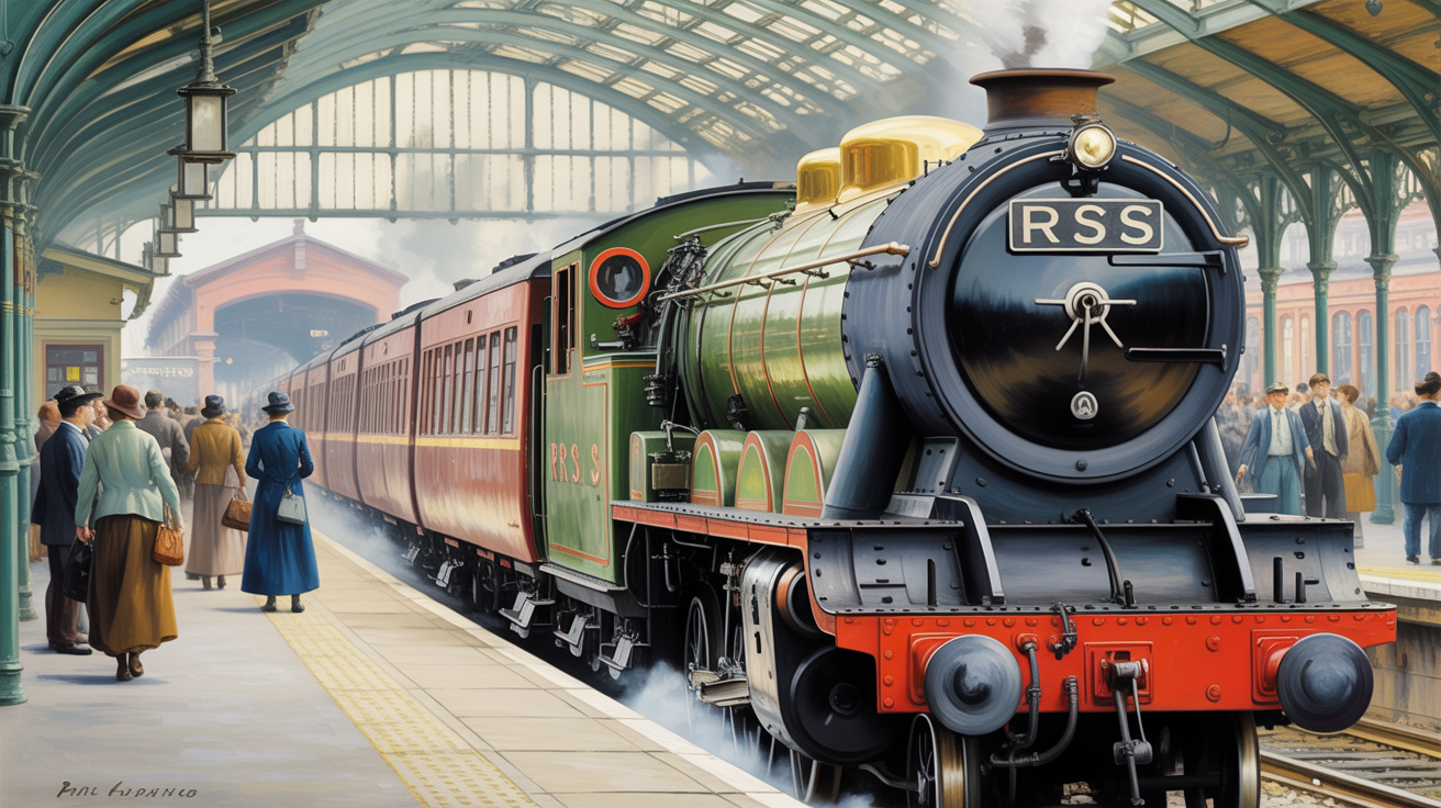 Una pintura impresionista que representa un tren de vapor llegando a una bulliciosa estación. La locomotora es de color gris oscuro, con el texto "RSS" estampado en negrita en blanco en su parte frontal. La escena está representada con pinceladas sueltas, capturando la atmósfera difusa y el movimiento del tren a medida que se acerca al andén lleno de pasajeros con atuendos victorianos. La suave y difusa luz solar se filtra a través de las ventanas arqueadas de la estación, iluminando la escena con un brillo cálido y nostálgico.