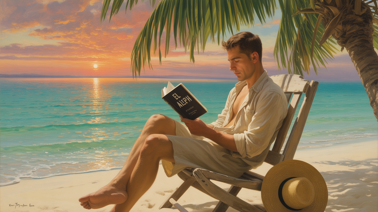 Una pintura impresionista representa a un hombre solitario absorto en la lectura de "El Aleph" bajo la sombra de un cocotero ondulante en una prístina playa tropical. El hombre, de piel bronceada y cabello castaño cuidadosamente recortado, está sentado cómodamente en una silla de madera desgastada, con su camisa de lino beige claro ligeramente abierta en el cuello y unos pantalones cortos caqui descansando casualmente alrededor de su cintura. Un sombrero de paja de ala ancha yace junto a él en la arena, mientras el agua turquesa acaricia suavemente la orilla en primer plano, reflejando la vibrante puesta de sol que tiñe el cielo de intensos tonos naranjas y suaves rosas. La tranquila escena está bañada por una luz cálida y difusa, creando una atmósfera de ensueño y una sensación de pacífica soledad.