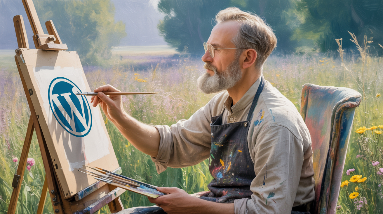 Una pintura impresionista representa a un caballero anciano con una barba gris cuidadosamente recortada y gafas de montura plateada, con la mirada intensamente fija en un lienzo montado sobre un caballete. Está vestido con una camisa de lino salpicada de pintura y un delantal de cuero desgastado; sus manos aplican delicados trazos de pincel para capturar la escena frente a él, mostrando el logotipo de 'WordPress' en el lienzo. Bañada en una luz solar suave y difusa, la escena se desarrolla en un prado bañado por el sol, repleto de flores silvestres vibrantes y altos pastos que se mecen, con una silla de madera envejecida colocada a un lado, creando un espacio de trabajo tranquilo y dedicado. Las pinceladas de la obra son sueltas y vibrantes, lo que contribuye a una atmósfera onírica llena de sombras suaves y tonos cálidos de color.