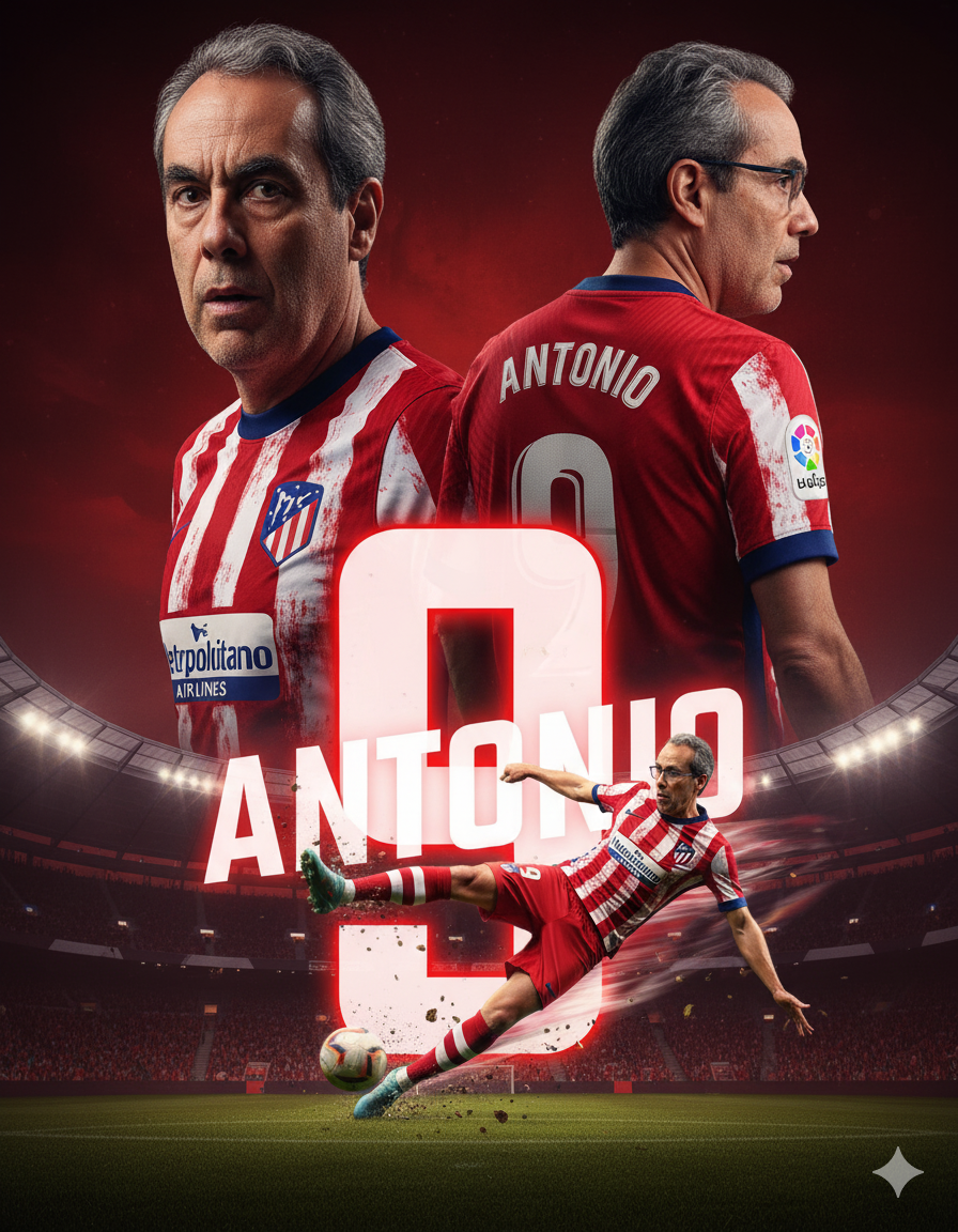Póster cinematográfico y ultrarrealista de fútbol basado en el rostro de A. Cambronero, realizado mediante Gemini.
