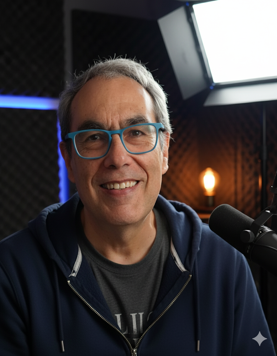Una foto hiperrealista de un primer plano de  Antonio Cambronero hablando hacia la cámara, en un estudio de videopodcasting. El ambiente es cinematográfico y parece estar iluminado por el foco especial para grabar vídeos. La iluminación detrás de la persona es la típica  de los videopodcasts. 