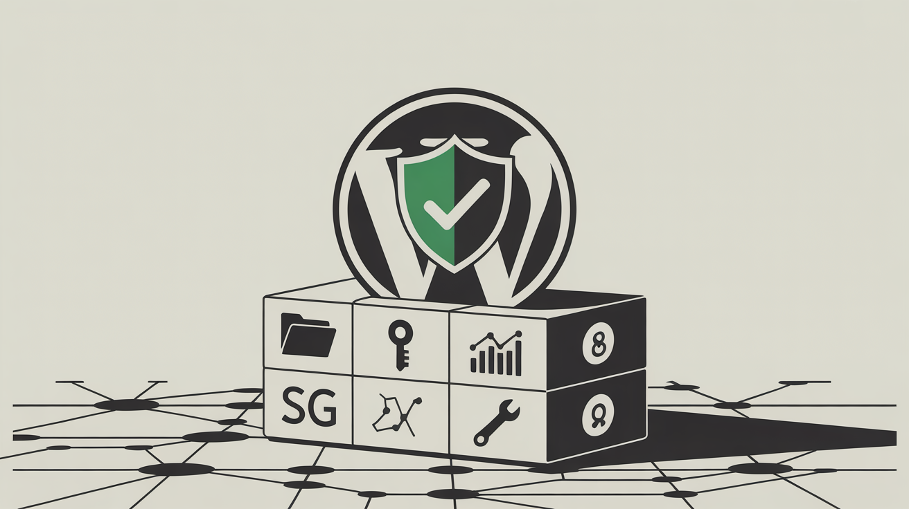 Un icono de escudo digital con una marca de verificación verde se sitúa sobre una representación estilizada del logotipo de WordPress. Debajo de los iconos, cuatro paneles se disponen de forma secuencial: el primero muestra un icono de carpeta, el segundo un icono de llave, el tercero un icono de gráfico y el cuarto un icono de llave inglesa. El texto «SG Security» aparece en la parte superior de la composición, en una tipografía sans-serif en negrita. El fondo consiste en una red de nodos y líneas interconectadas, que sugiere sutilmente un entorno en línea seguro.