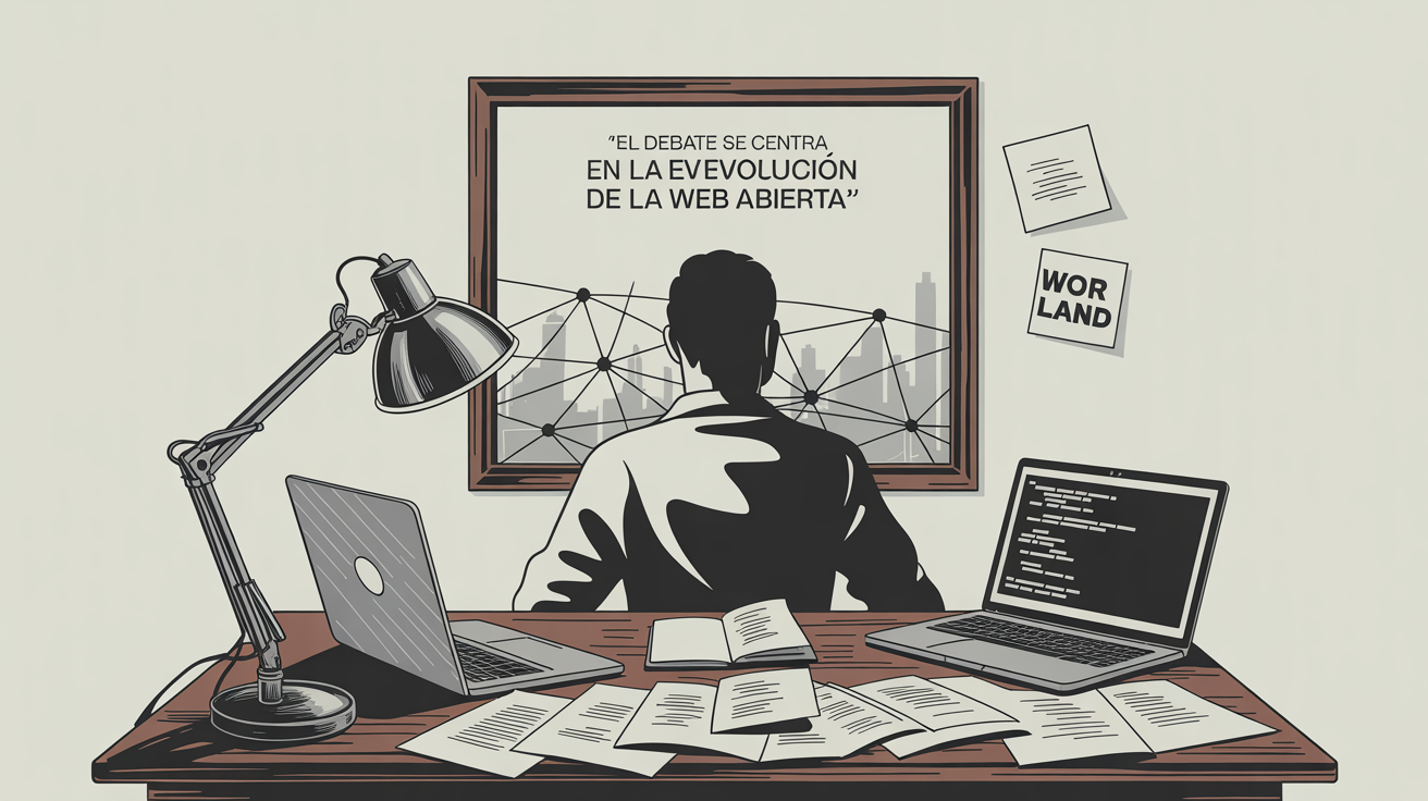 Una persona está sentada en un escritorio rodeada de notas escritas a mano y pantallas de ordenador abiertas que muestran líneas de código. El escritorio es de madera oscura y una lámpara de metal cepillado, situada a la izquierda, proyecta una luz cálida sobre los documentos. Detrás del escritorio, una ventana ofrece una vista borrosa de la ciudad, con altos edificios y una red de líneas interconectadas que representan la web, haciendo una sutil referencia al debate sobre la evolución de la web abierta. En la pared, un cartel enmarcado dice: «El debate se centra en la evolución de la web abierta», mientras que una pequeña nota adhesiva cercana muestra la palabra «Wordland» escrita en letras mayúsculas.