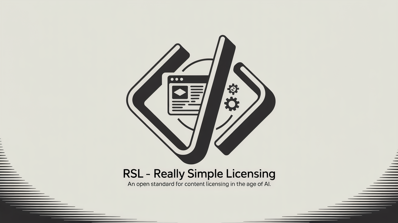 El elemento central es un gráfico estilizado que representa "RSL (Licencias Realmente Simples)", compuesto por corchetes de código XML entrelazados que forman una forma circular. Dentro de los corchetes, iconos simplificados representan una página web con código incrustado y un pequeño engranaje que representa procesos automatizados. Debajo del gráfico, aparece el texto "RSL - Licencias Realmente Simples" en una fuente sans-serif limpia, con una línea más pequeña debajo que dice "Un estándar abierto para licencias de contenido en la era de la IA". La escena se presenta sobre un fondo blanco liso con un sutil sombreado gris cerca del borde inferior, lo que sugiere una interfaz digital.
