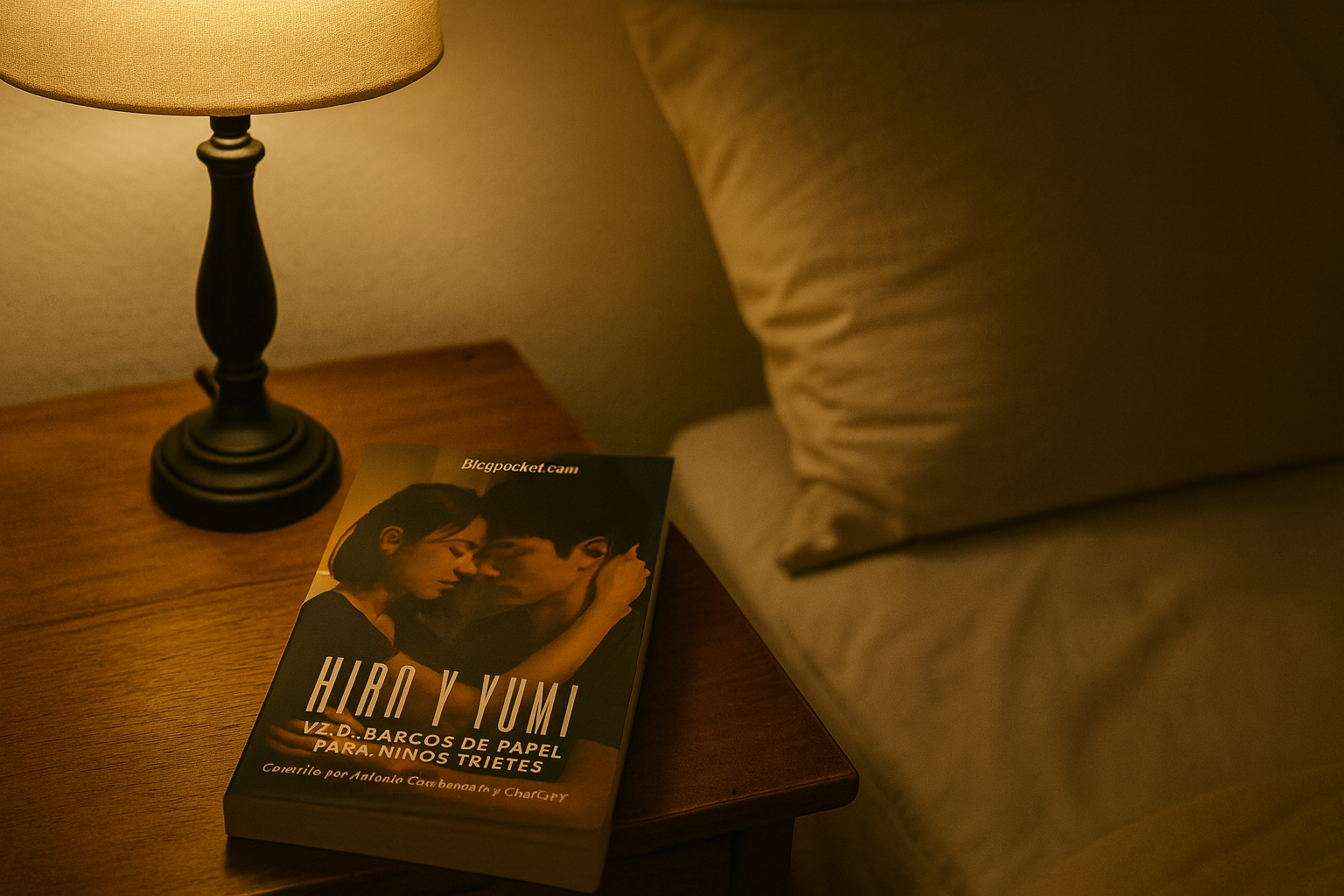El libro «Hiro y Yumi v2» sobre la mesilla de noche de un dormitorio. Sobre la mesa también se ve una lampara.