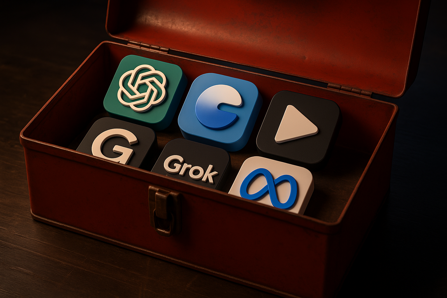 Una caja de herramientas de IA, con las piezas en 3D de ChatGPT, Gemini, etc.