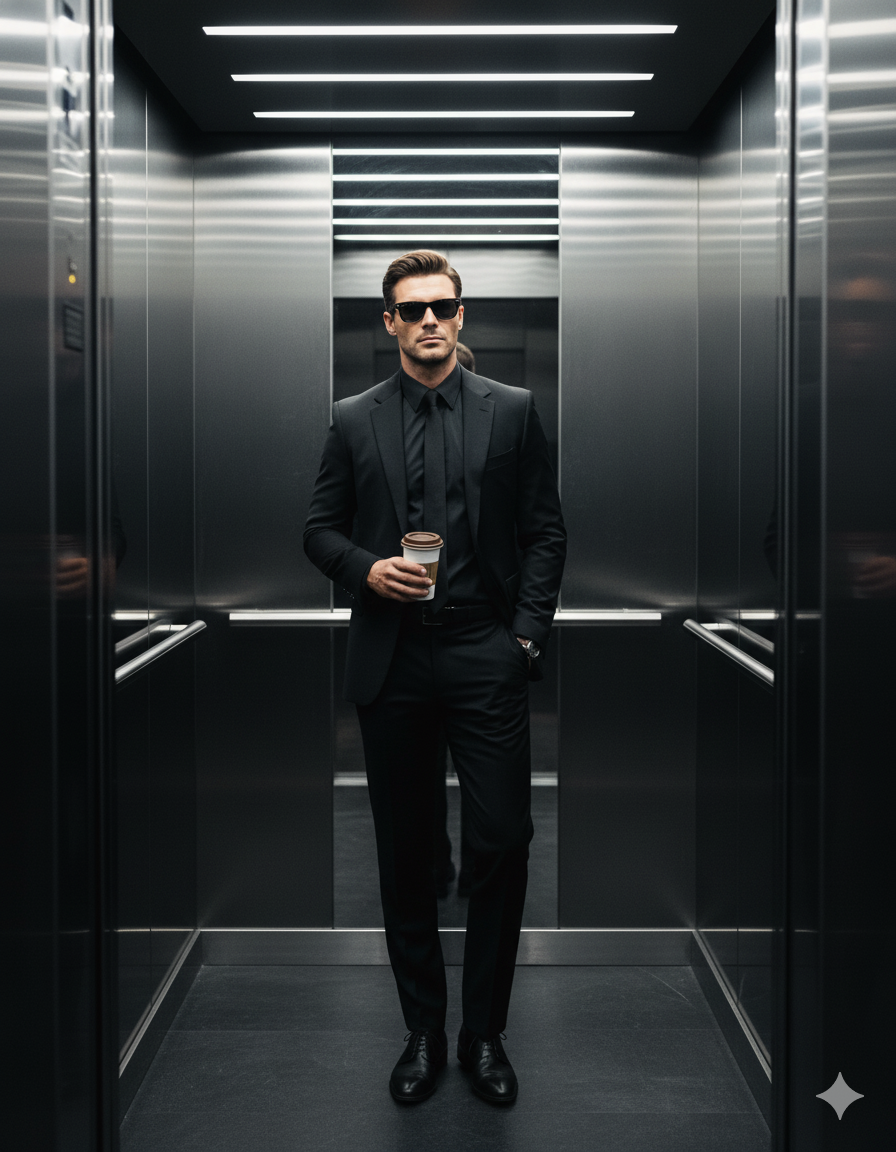 magen de mí mismo, con el rostro intacto, expresión seria. Aparece de pie, con naturalidad, en un ascensor moderno con paredes metálicas reflectantes. Lleva un traje y pantalón negros, gafas de sol y una taza de café para llevar en la mano. Un estilo elegante y vanguardista con un aire misterioso. La tenue iluminación de los neones del techo crea sombras sutiles. Ambiente cinematográfico.