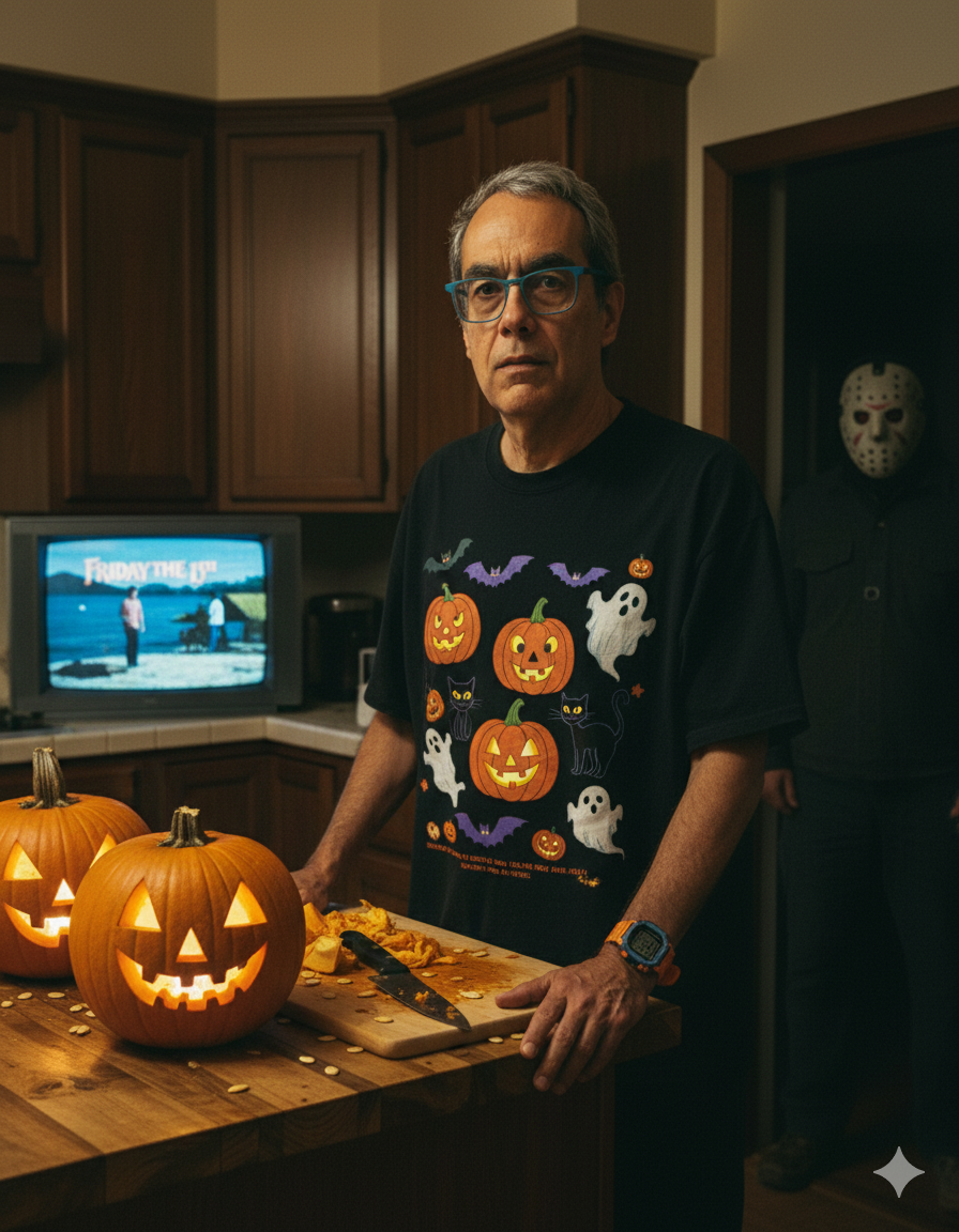 Retrato hiperrealista en una cocina decorada para Halloween, con una iluminación cálida y ligeramente sombría.
Un hombre está de pie, conservando su rostro real y su color de pelo original. La expresión es seria inspirando suspense.
Lleva una camiseta negra extragrande con un colorido estampado de Halloween (calabazas, murciélagos, gatos y fantasmas), y un reloj vistoso en su mano izquierda.
Sobre la encimera hay dos calabazas talladas, semillas esparcidas y utensilios de corte, lo que sugiere que se están preparando las decoraciones.
Al fondo, la cocina cuenta con armarios de madera oscura, un viejo televisor en el que se proyecta "Viernes 13" y una figura de Jason enmascarado aparece parcialmente en las sombras de la puerta, creando un sutil toque de suspense.
El estilo de la imagen es cinematográfico, con tonos cálidos y nostálgicos, textura de película analógica y fotorrealismo 8K.
Conservación total de los rasgos faciales y el pelo originales del hombre.