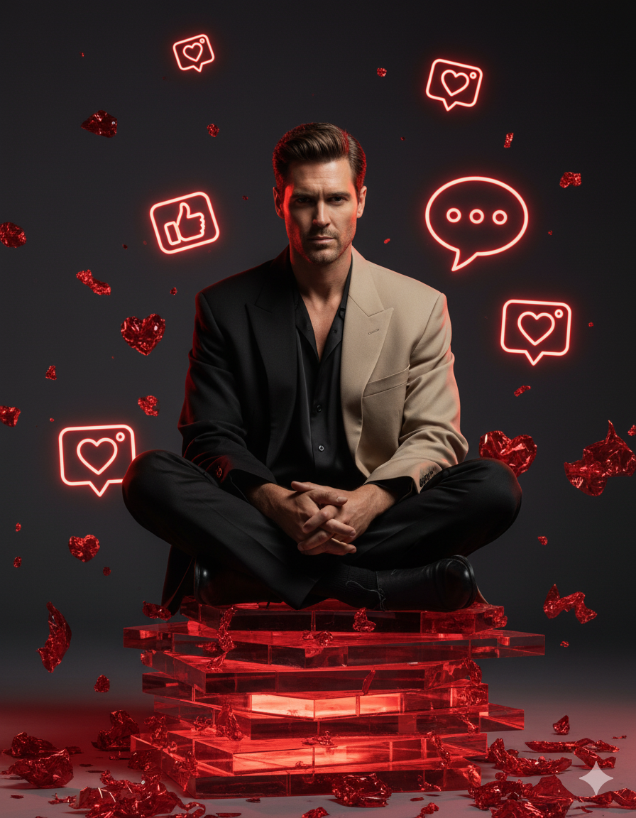 Retrato de estudio de alto concepto de un hombre (de la imagen subida) con el rostro instacto, sentado con las piernas cruzadas sobre una pila de objetos rojos brillantes y transparentes. Lleva una chaqueta oversize de dos colores (un lado es negro oscuro y el otro beige claro/marrón) sobre una blusa sencilla. Su expresión es intensa y directa.
A su alrededor, flotan iconos de redes sociales de neón rojo brillante, en concreto corazones de Instagram (me gusta) y burbujas de comentarios, junto con corazones de plástico rojo arrugado o celofán y escombros. Iluminación de estudio dramática y teatral con alto contraste y sombras.
Arte conceptual, comentario en redes sociales, ultrarrealista.