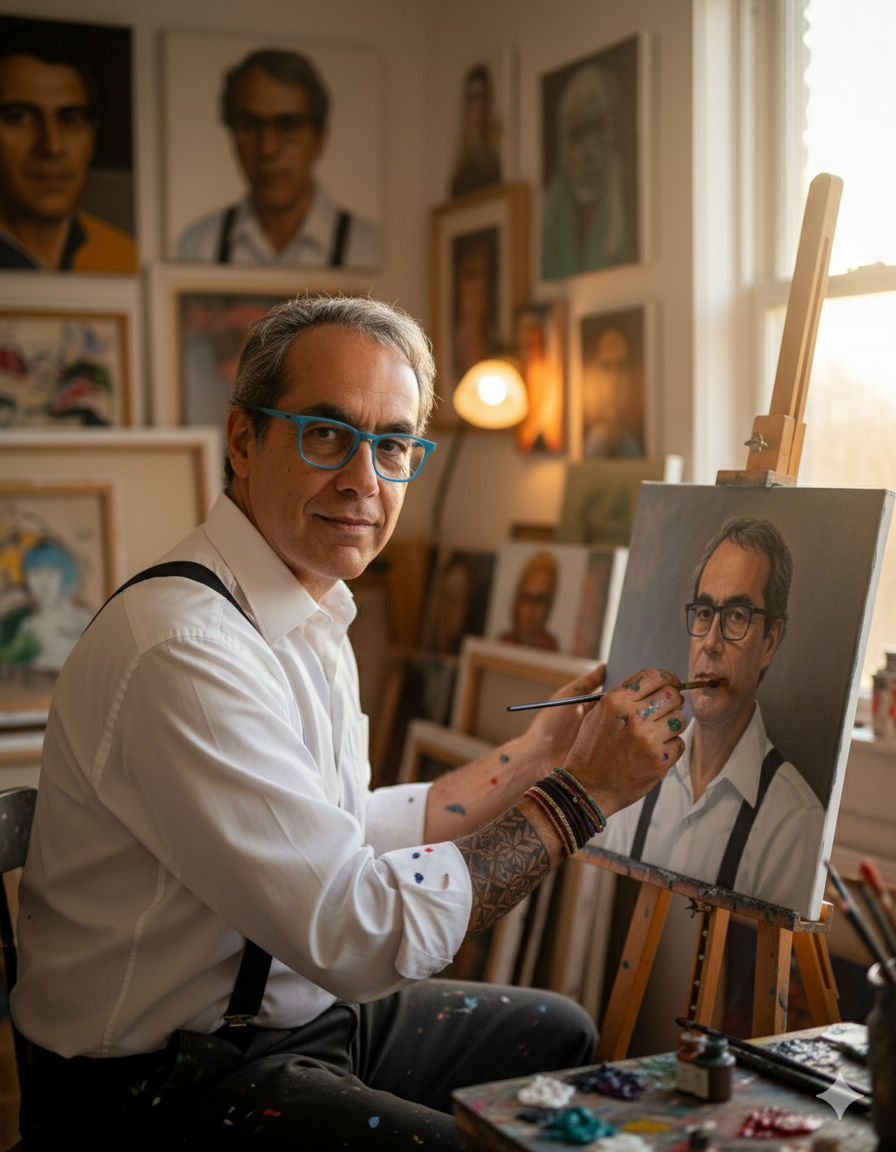 Retrato hiperrealista de medio cuerpo a la altura de los ojos de un hombre pintando su propio retrato junto a una ventana al atardecer. Mantén el rostro intacto (pelo, rasgos, gafas). Lleva una camisa blanca impecable con tirantes, pulseras, un tatuaje en el antebrazo y salpicaduras de pintura en la mano y la camisa. El estudio está repleto de lienzos. Enfoque nítido, una suave penumbra y una cálida iluminación interior se combinan, creando un bokeh cremoso, ambiente cinematográfico y detalles en 8K UHD.