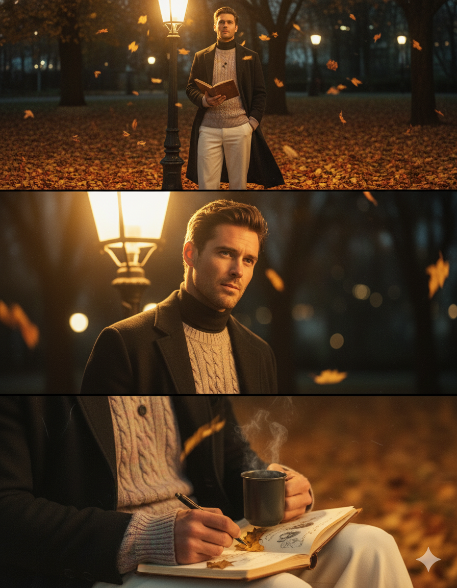 Un tríptico cinematográfico de mí mismo (con el rostro intacto, mismo pelo, sin gafas) bajo una farola vintage brillante en una noche de otoño, con textura de grano de película y hojas doradas arremolinadas, un efecto onírico y dramático. Panel superior: Está de pie bajo la farola, con una camisa granate holgada y pantalones crema de pinzas, un jersey de cuello alto oscuro y un abrigo, o un suéter extragrande en tonos pastel y pantalones holgados en blanco roto. Sostiene un libro o cuaderno, con el cabello alborotado por la brisa. Panel central: Primer plano con un brillo cálido