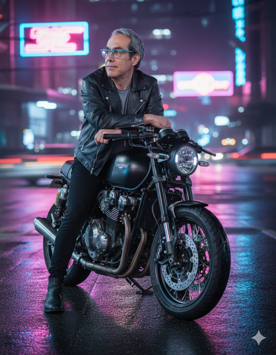 Antonio Cambronero con su moto en una fotografíia cinematográfica urbana nocturna.