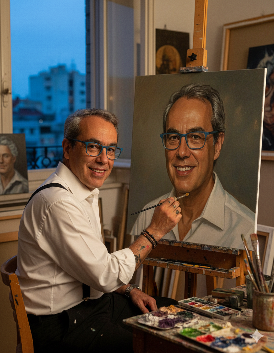 Retrato hiperrealista de medio cuerpo a la altura de los ojos de un hombre pintando su propio retrato junto a una ventana al atardecer. Lleva una camisa blanca impecable con tirantes, pulseras, un tatuaje en el antebrazo y salpicaduras de pintura en la mano y la camisa.
Estudio lleno de lienzos.
El cuadro que está pintando el hombre debe estar frente a la cámara de manera que podamos ver el retrato que es el mismo hombre que, a su vez, es el pintor.
Enfoque nítido, una suave penumbra y una cálida iluminación interior se combinan, creando un bokeh cremoso, gradación de color cinematográfica y detalles en 8K UHD.