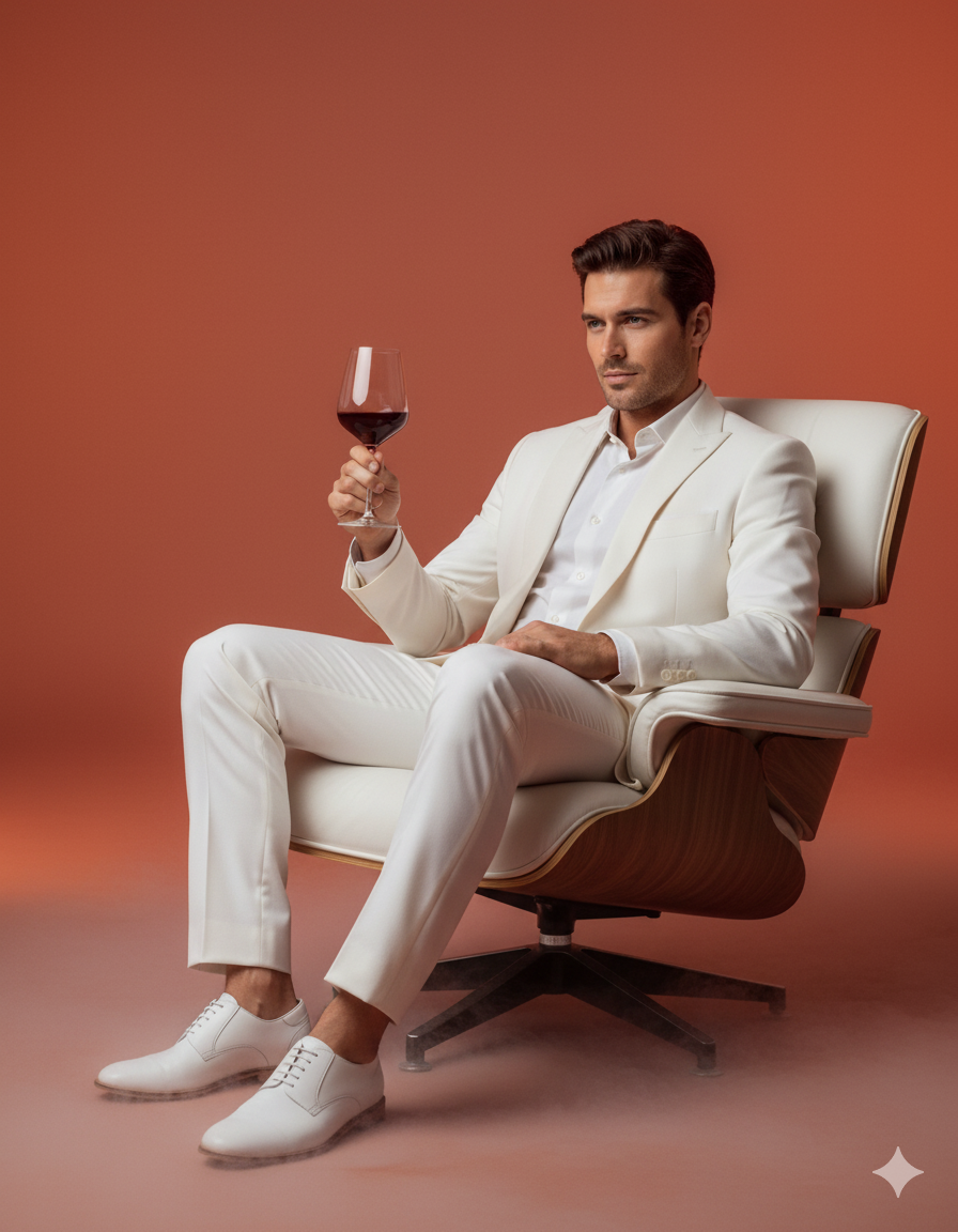 Retrato cinematográfico de un editorial de moda de mí mismo, con el rostro intacto, sentado con seguridad en un moderno sillón de cuero blanco con detalles en madera. Viste un elegante traje blanco a medida, con zapatos blancos a juego y una camisa blanca lisa debajo, que irradia sofisticación. Lleva gafas redondas que realzan su imagen intelectual y elegante.
Una mano descansa con naturalidad mientras que la otra sostiene una copa de vino tinto, delicadamente balanceada entre sus dedos. El fondo es un cálido degradado de tonos rojizos-anaranjados con una sutil neblina a la altura del suelo, creando una atmósfera dramática y evocadora.
La iluminación es suave pero direccional, resaltando sus rasgos definidos y las texturas del traje. Estilo de fotografía editorial de alta costura, ultradetallado, con un aire refinado y lujoso.
Relación de aspecto: 9:16 vertical.