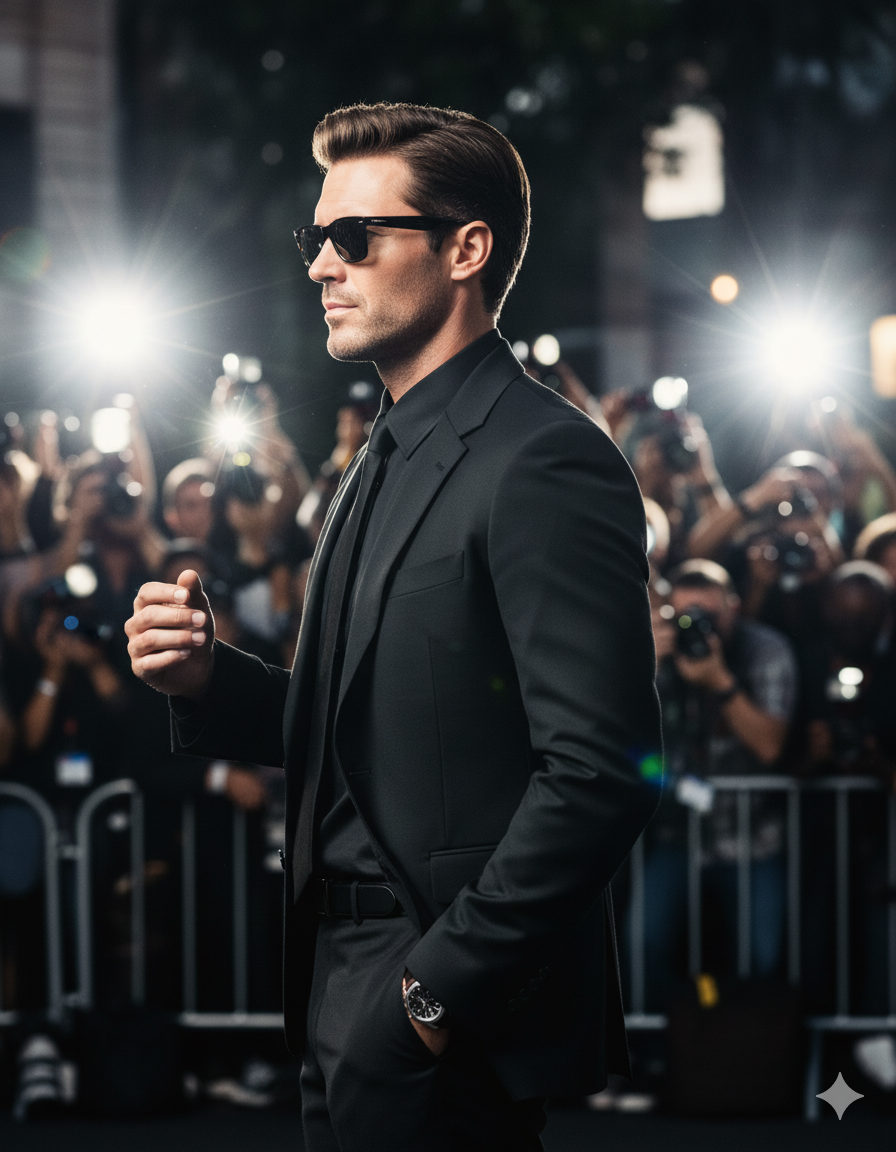 Una imagen de mí mismo, manteniendo el rostro intacto, seguro de sí mismo, con traje negro y gafas de sol, está de lado a la cámara con una mano en el bolsillo y la otra levantada con naturalidad.
Los paparazzi y los fans forman una mancha brillante de destellos tras él.
La toma es un ángulo lateral de rango medio, cinematográfico y elegante, con una iluminación de fuerte contraste que resalta los detalles de su traje y gafas de sol.