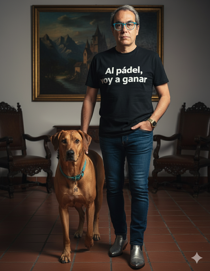 Retrato cinematográfico ultrafotorrealista de mí mismo, con el rostro de referencia intacto, con gafas azules: expresión seria, mirando desafiante a la cámara; camiseta negra con la inscripción "Al pádel, voy a ganar"; y vaqueros ajustados. Se le ve de pie con una mano en el bolsillo; en ella lleva un moderno reloj de oro; viste de forma informal sus botas vaqueras plateadas. A su lado camina también un fiel perro crestado rodesiano, similar al perro Sooby-Doo, pero real, con pelaje corto marrón claro, collar azul verdoso y una pequeña placa con forma de hueso. La escena, con un pronunciado efecto bokeh, se desarrolla en una habitación amueblada con muebles antiguos, con suelo de baldosas de cerámica roja, iluminada por una suave luz direccional. Al fondo, un cuadro colgado en la pared representa un paisaje gótico que inspira un aire siniestro.

Capturada con una Leica SL2 + Summilux-M 50 mm f/1.4: equilibrio de color perfecto, con bokeh, textura de piel realista y contraste cinematográfico. Cada detalle debe sentirse auténtico, natural y realista, evitando cualquier apariencia artificial o forzada.