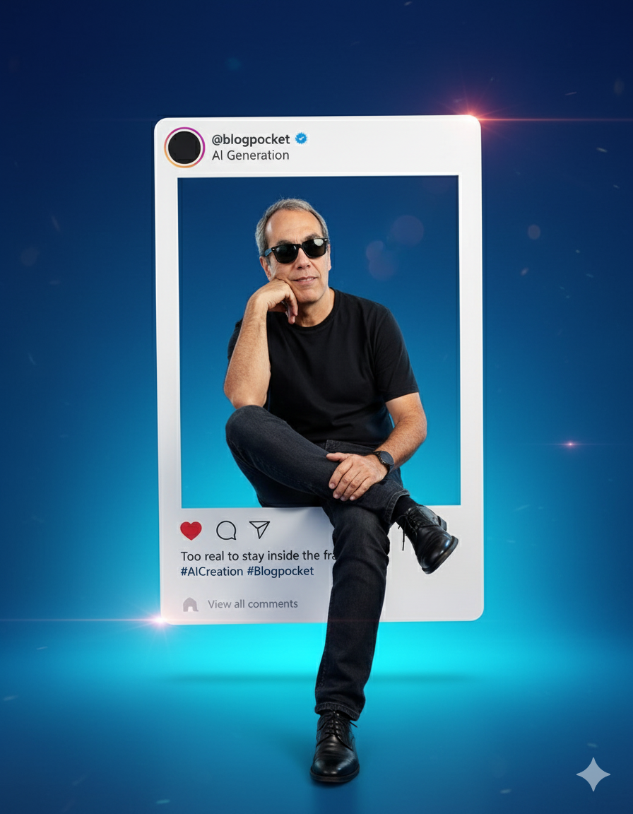 Un retrato hiperrealista de un hombre subido a Instagram, dentro de un marco gigante que domina la escena. Su rostro se mantiene nítido e intacto, con gafas de sol oscuras y zapatos elegantes, irradiando un carisma audaz. Su pose relajada muestra su codo derecho apoyado en la rodilla, el brazo izquierdo despreocupado y una pierna que sobresale del marco en una ilusión 3D. El marco es altamente realista, con el nombre de usuario blogpocket, una marca de verificación verificada, el nombre para mostrar "Al Generation", el texto: "Demasiado real para quedarse dentro del marco. #AlCreation #Blogpocket" e iconos auténticos. El fondo está diseñado para una audacia masculina: un azul cobalto intenso que se funde con el cian, con sutiles destellos de luz que le aportan energía. Una iluminación limpia y cinematográfica resalta las texturas de su ropa y la ilusión 3D, convirtiéndolo en la pieza central del viral.