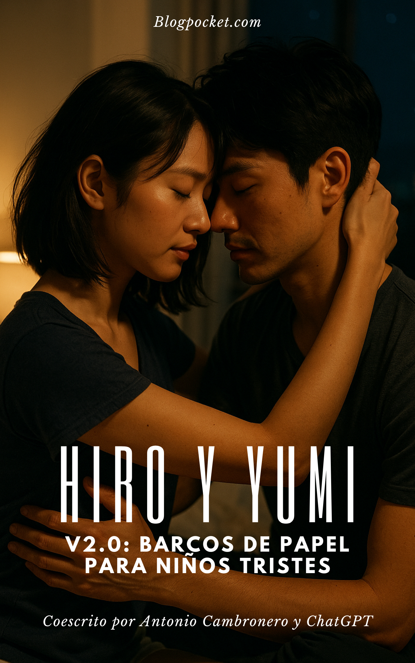 La portada de «Hiro y Yumi v2» en la que se ve los dos protagonistas en actitud amorosa con sus rostros pegados en la frente.
