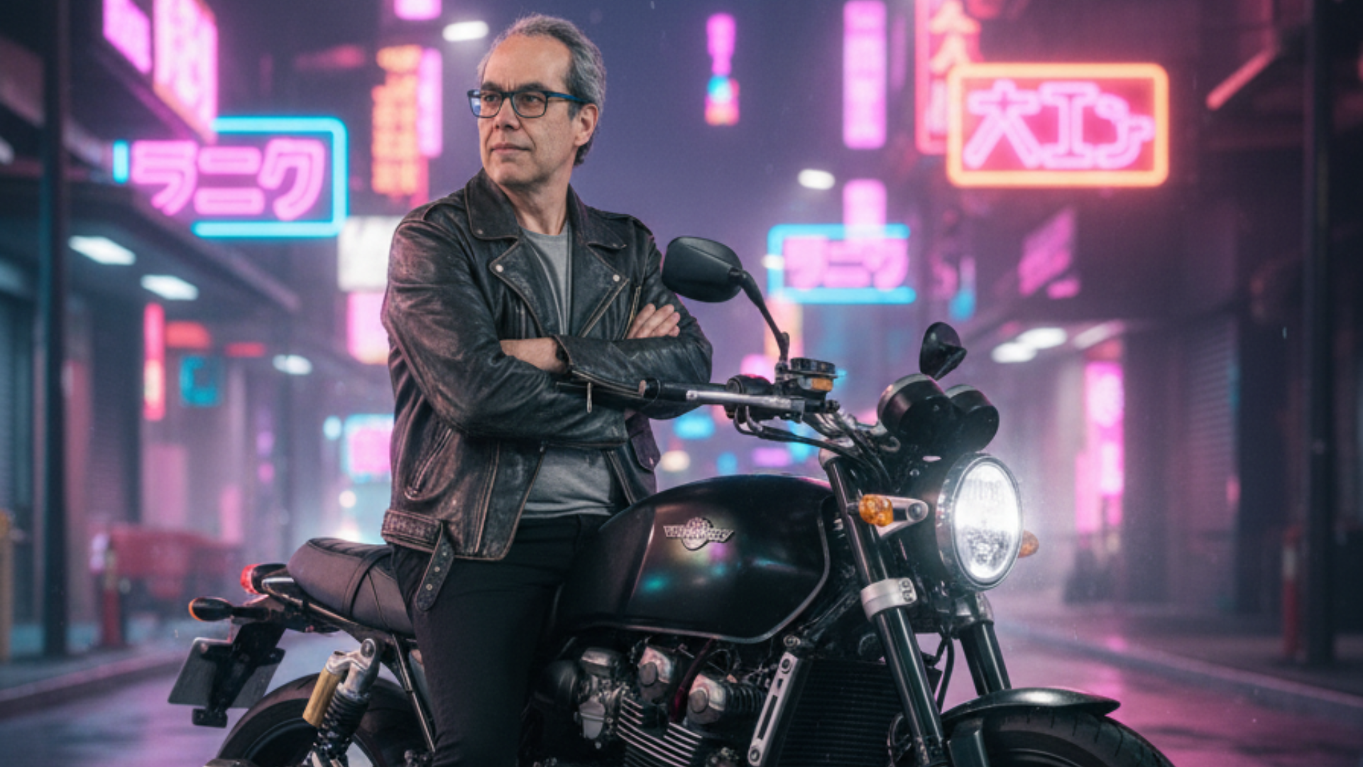 Una imagen cinematográfica de Antonio Cambronero, sentado tranquilamente en mi motocicleta retro moderna, ligeramente inclinado hacia un lado, con las piernas separadas y los pies en el suelo, con los brazos cruzados sobre el manillar, tranquilo, con la mirada segura hacia la izquierda. Atuendo: chaqueta de cuero negra sobre camiseta gris, vaqueros negros ajustados y botas negras.

Motocicleta en negro mate con detalles en cromo metalizado.

Escena: calle nocturna iluminada con neón, asfalto mojado que refleja vibrantes tonos rosa, azul y morado.

Letreros de neón, ambiente urbano futurista. Iluminación artificial suave y difusa que crea un ambiente ciberpunk cinematográfico. Ángulo a la altura de los ojos, perspectiva con objetivo de retrato de 85 mm
