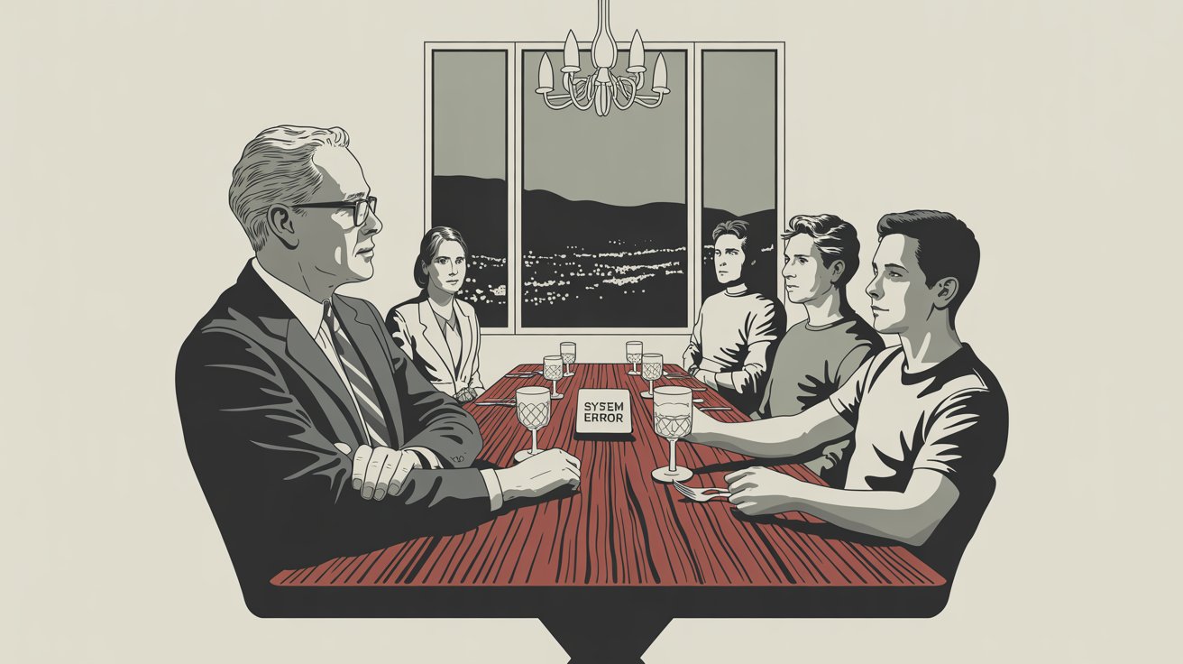 Un hombre de cabello canoso y gafas se sienta frente a una mesa de comedor de caoba, rodeado de otras cinco personas, escuchando atentamente. El hombre viste traje oscuro y corbata, con las manos cruzadas sobre la mesa, mientras que los demás incluyen una mujer con traje sastre, dos hombres con suéteres informales y un hombre más joven con una camiseta de una empresa tecnológica. Alrededor de la mesa hay copas de cristal llenas de líquido ámbar y cubiertos de plata que reflejan la cálida luz de una lámpara de araña. El ambiente es un comedor moderno con grandes ventanales que ofrecen una vista panorámica de las ondulantes colinas de Silicon Valley y los edificios iluminados al atardecer, con un pequeño cartel sobre la mesa que dice "ERROR DEL SISTEMA".