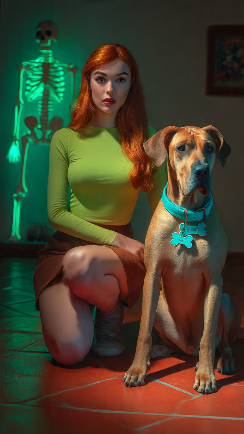 Retrato cinematográfico ultrafotorrealista de una mujer moderna, sutilmente inspirado en Daphne Blake: larga y suelta melena pelirroja, top ajustado verde lima y minifalda marrón. A su lado se sienta un fiel perro crestado rodesiano de pelaje corto marrón claro, con collar verde azulado y una pequeña placa con forma de hueso. La escena se desarrolla en un interior con suelo de baldosas de cerámica roja, iluminado por una luz suave y direccional. Al fondo, un esqueleto verde brillante proyecta un inquietante reflejo luminiscente en la pared, creando una atmósfera misteriosa y acogedora. Capturada con Leica SL2 + Summilux-M 50 mm f/1.4: equilibrio de color perfecto, profundidad de campo precisa, textura de piel realista y contraste cinematográfico. Cada detalle debe sentirse auténtico, natural y realista, evitando cualquier apariencia artificial o artificial.