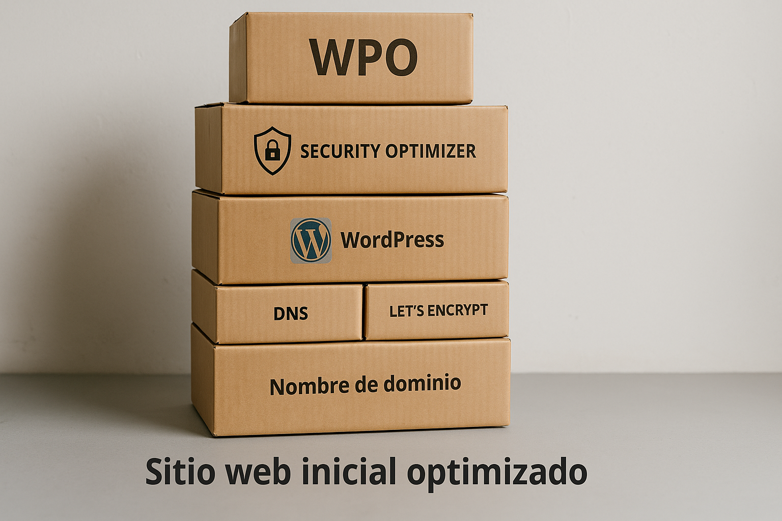 Cajas unas encima de otras, como metáfora del sistema para optimizar un sitio web inicial con el Método Blogpocket.