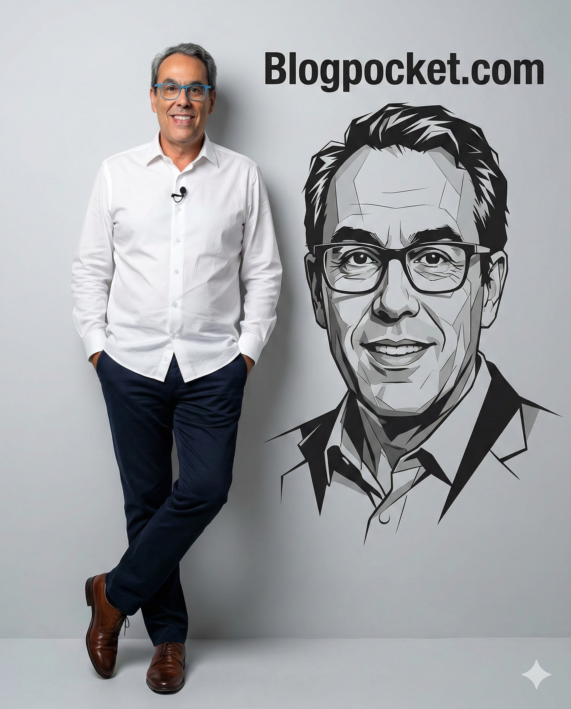 Retrato ultrarrealista en 8K de cuerpo entero del mismo hombre de la foto de referencia. Viste una camisa blanca impecable, planchada, con el cuello vuelto y un pequeño micrófono de solapa, pantalones azul marino oscuro y zapatos marrones lustrados. Está apoyado con naturalidad y sencillez contra una pared lisa de color gris claro del estudio; tiene las manos en los bolsillos y una pierna cruzada sobre la otra, mostrando una postura relajada y segura. Junto a él, un prominente retrato vectorial en blanco y negro de su rostro y torso, con líneas angulares definidas, formas poligonales superpuestas y un estilo gráfico minimalista y moderno, se ubica justo debajo de la información: «Blogpocket.com».