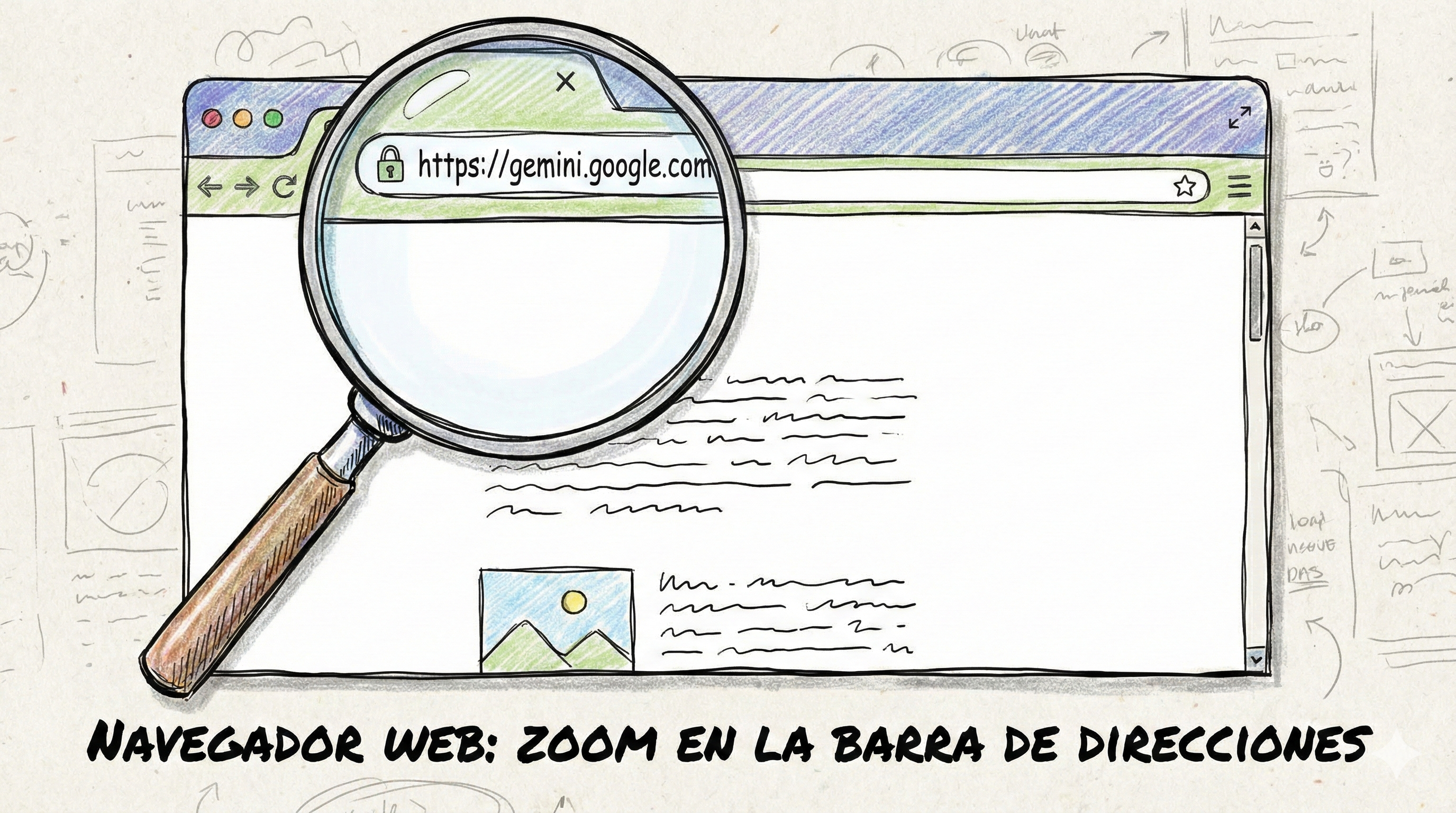 Un dibujo con una lupa sobre la barra de direcciones de un navegador, en la que pone gemini.google.com.