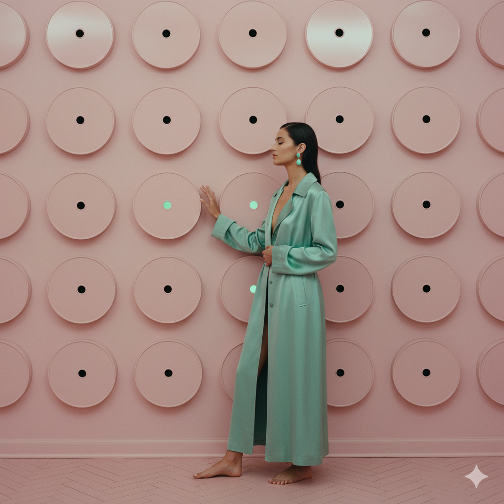 Una modelo elegante con un vestido de color menta, descalza, al lado de un panel repleto de relojes de pared sin manecillas.