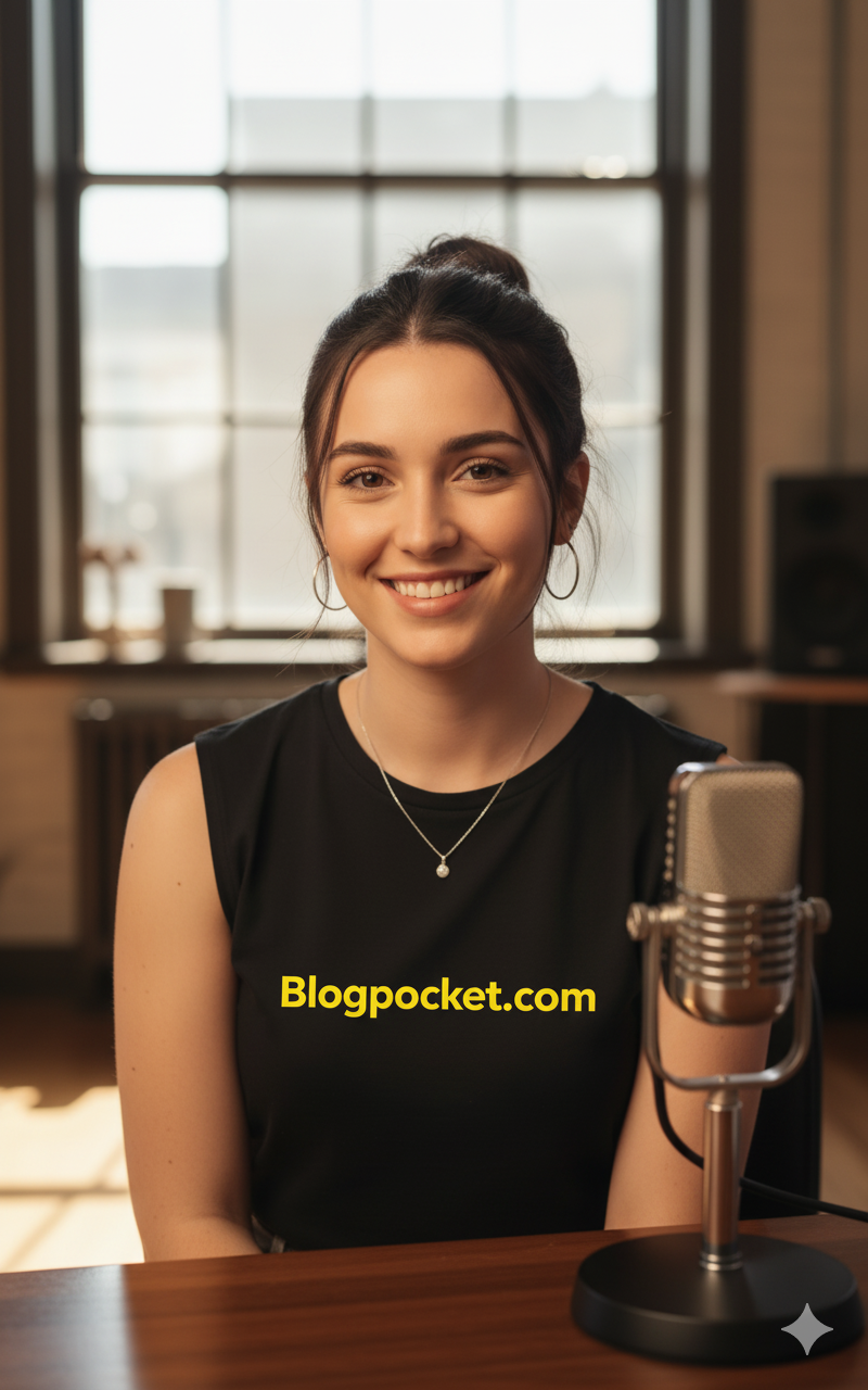 Lucía en su despacho de trabajo con un micrófono vintage y una amplio ventanal detrás.