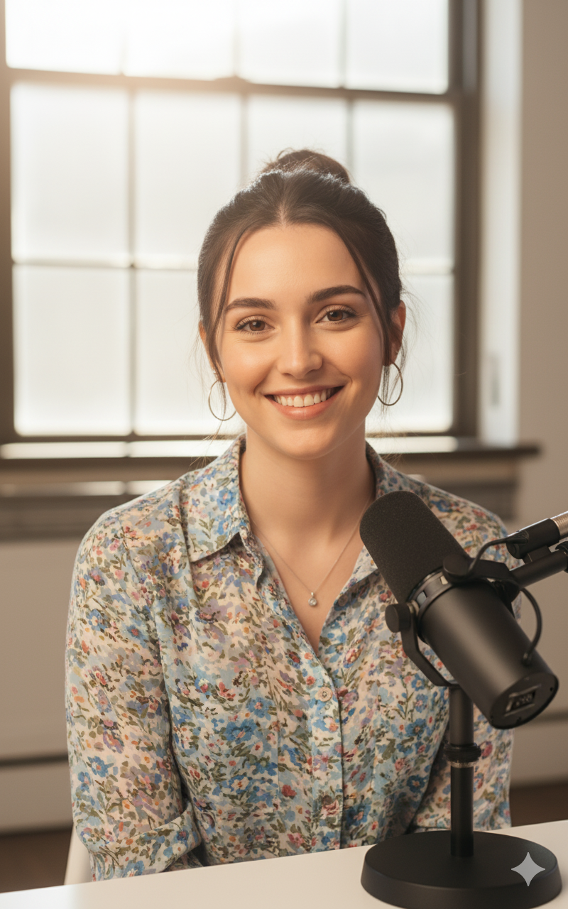 Lucía vestida con una camisa estampada de flores y un micrófono de videopodcasting en la mesa.