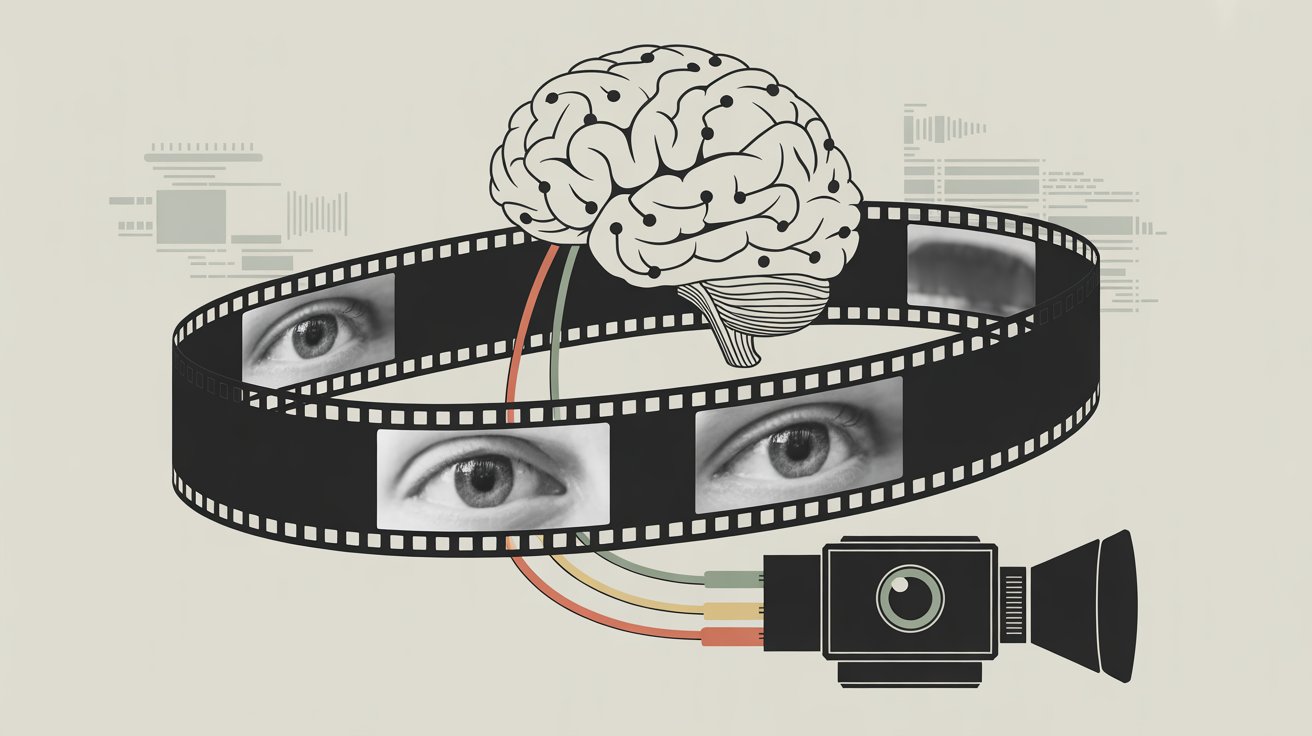 Un cerebro digital, compuesto por nodos interconectados y circuitos luminosos, reposa sobre un carrete de película con perforaciones visibles en sus bordes. Cables con aislamiento de colores brillantes conectan el cerebro a una lente de cámara de vídeo con una amplia apertura y un único anillo de enfoque. El carrete gira lentamente, mostrando una secuencia de imágenes borrosas mientras una proyección holográfica de un ojo humano flota cerca. La escena se desarrolla sobre un fondo oscuro salpicado de píxeles estilizados y tenues formas geométricas que representan flujos de datos.