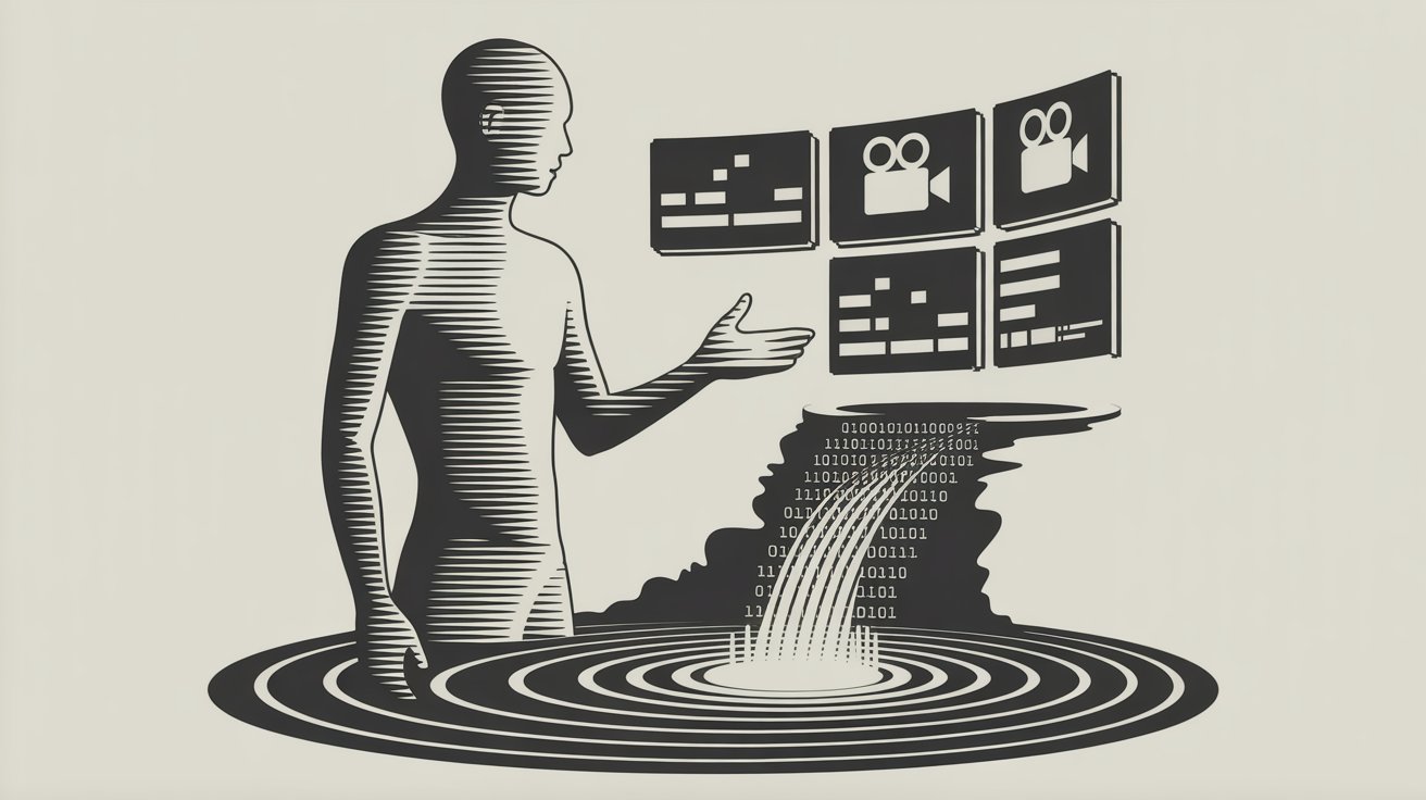 Una figura humanoide compuesta de píxeles brillantes se yergue en un paisaje digital, cambiando y reformándose con cada parpadeo. La figura extiende una mano hacia una serie de iconos holográficos flotantes que representan cámaras de vídeo, software de edición y diversos efectos visuales. Debajo de la figura, una cascada de código binario fluye hacia un lago cristalino que refleja el cielo digital. Toda la escena está iluminada por el suave pulso de luz azul neón que emana de la figura pixelada y las pantallas holográficas.