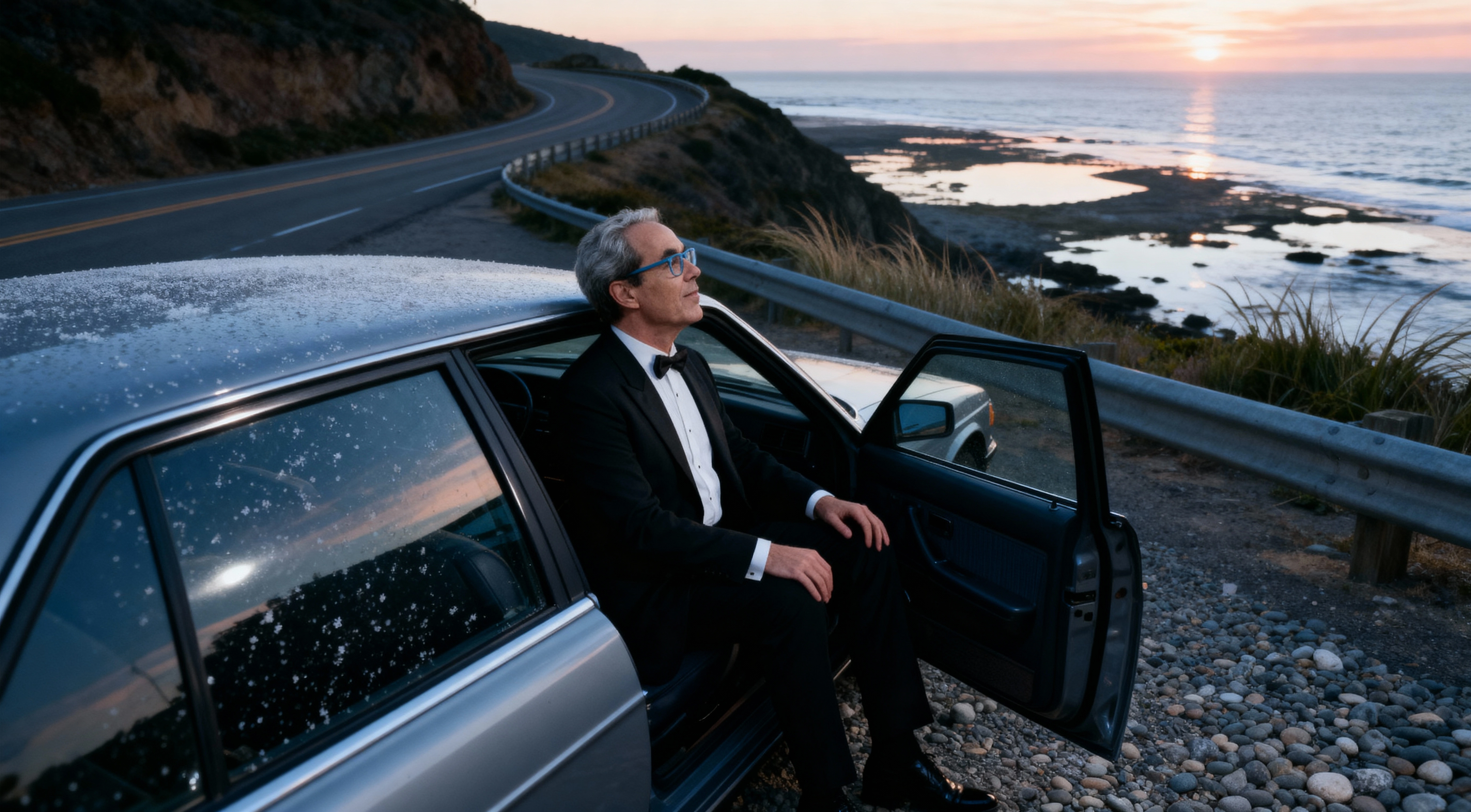 Un sujeto al borde del mar sentado en su automóvil, al atardecer.