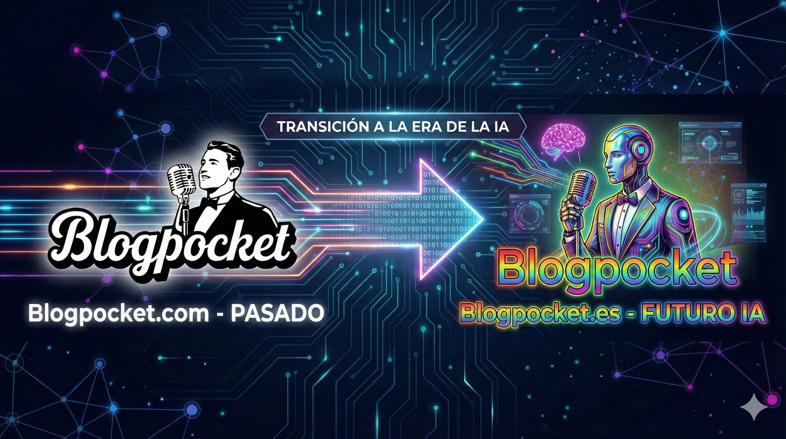 Metáfora del cambio de dominio en Blogpocket. De un logo a otro, transición a la era de la IA.